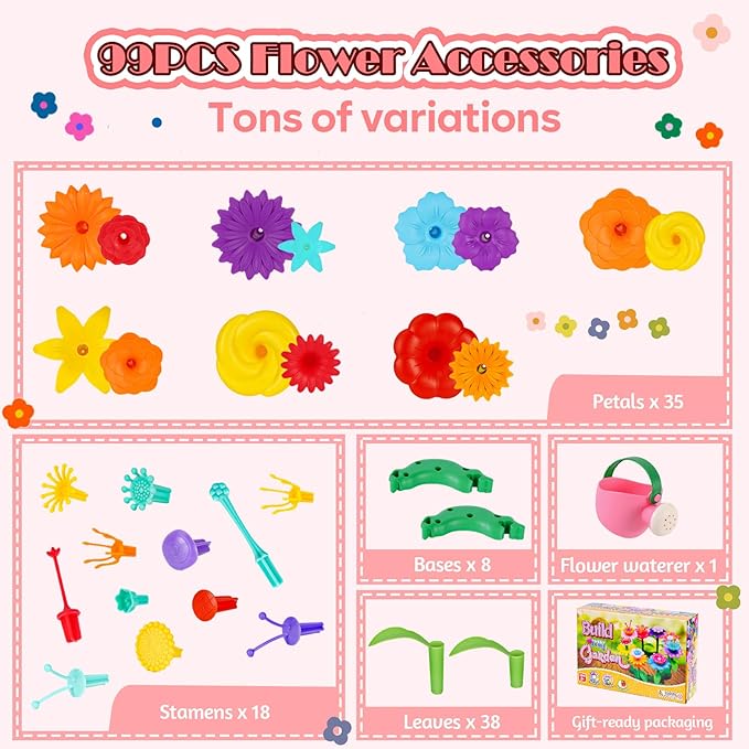 FUNZBO 99pcs Flower Garden Building Toys Set -Spring Toys for 3 4 5 6 7 8 9 Years Old Girls, STEM Montessori Educational Toys for Toddlers Kids,Sorting & Stacking Building Block for Birthday Gifts