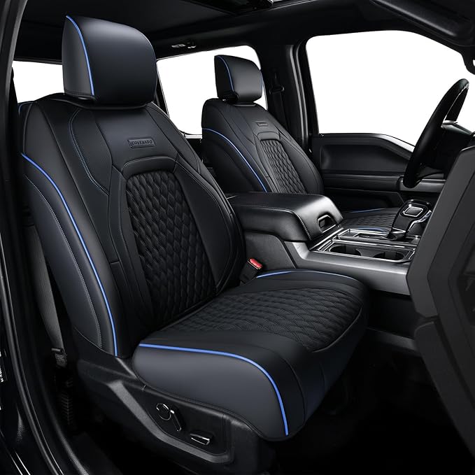 Coverado Full Set Leather Car Seat Covers for F150,Waterproof Automotive Seat Covers for Cars,SUVs,Pickup Trucks,Compatible with 2015-2026 F150 SuperCrew,2017-2026 F250 F350 F450 Crew Cab, Blue Line