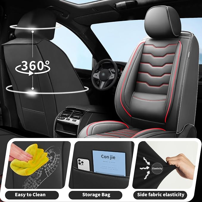 Fit Renegade Car Seat Covers for Jeep Renegade 2015-2024 -Full Set Premium Leather, Waterproof & Breathable，All-Weather Seat Cushion Protecto & Airbag Compatible, 5 Seats Red Line Black