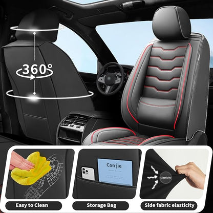 Fit Renegade Car Seat Covers for Jeep Renegade 2015-2024 -Full Set Premium Leather, Waterproof & Breathable，All-Weather Seat Cushion Protecto & Airbag Compatible, 5 Seats Red Line Black