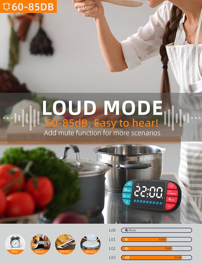 DOOMAY Digital Kitchen Visual Timer: 3.6'' Large LED Display, 3 Brightness