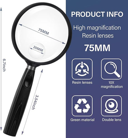 Feosky Handheld Reading Magnifier, 10X 30X Magnifier, 75mm Shatterproof Lens, Non-Slip Handle for Adults Close Work, Seniors Reading and Kids Nature Exploration, Hobby Observation (Black)