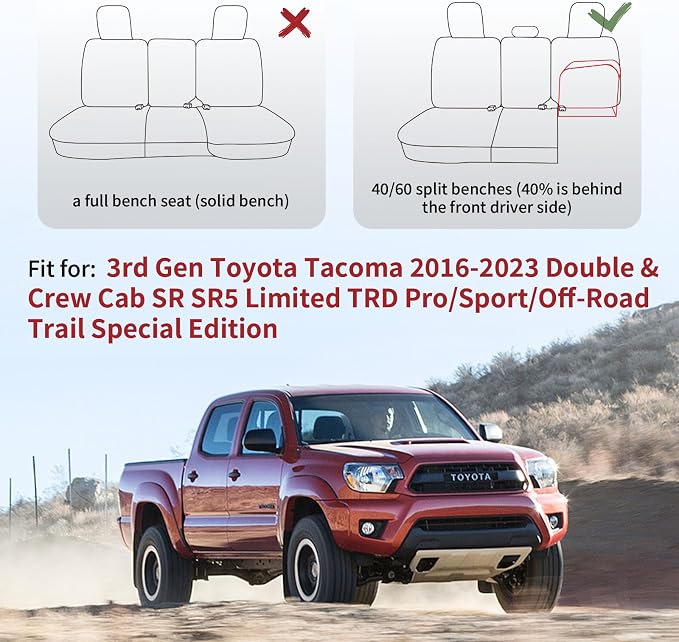 Huidasource Tacoma Rear Seat Covers, Automotive Leather Car Back Seat Cover Fit for 3rd Gen Toyota Tacoma 2016-2023 Double & Crew Cab SR SR5 Limited TRD Sport/Pro/Off Road (Back Row/Black&Blue)
