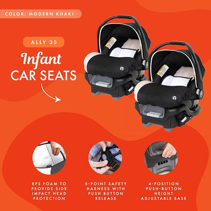 Baby Trend Ally Newborn Baby Infant Car Seat Carrier Travel System with Harness and Extra Cozy Cover for Babies up to 35 Pounds, 2 Pack, Khaki