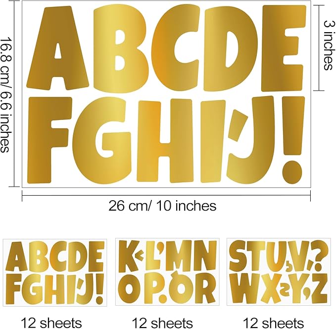 Bemeol Letter Stickers 432 Pieces 36 Sheets Bulletin Board Letters 3 Inch Classroom Alphabet Poster Board Letter for Bulletin Board Display School Decor(Gold)