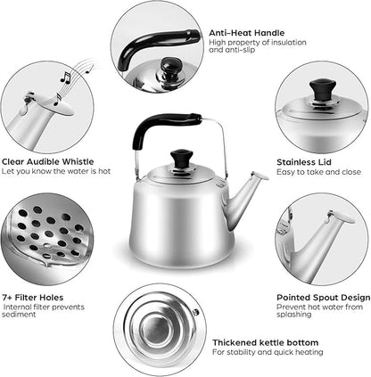 Odoland 4L Camping Kettle Set with 4 Cups, Durable Stainless Steel Camp Tea Coffee Water Pot with 4 Mugs for Hiking, Backpacking, Outdoor Camping and Picnic, Carrying Bag Included