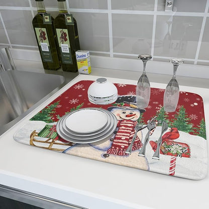 Winter Snowman Dish Drying Mat Red Bird Microfiber Dish Pad 18x24 Inch