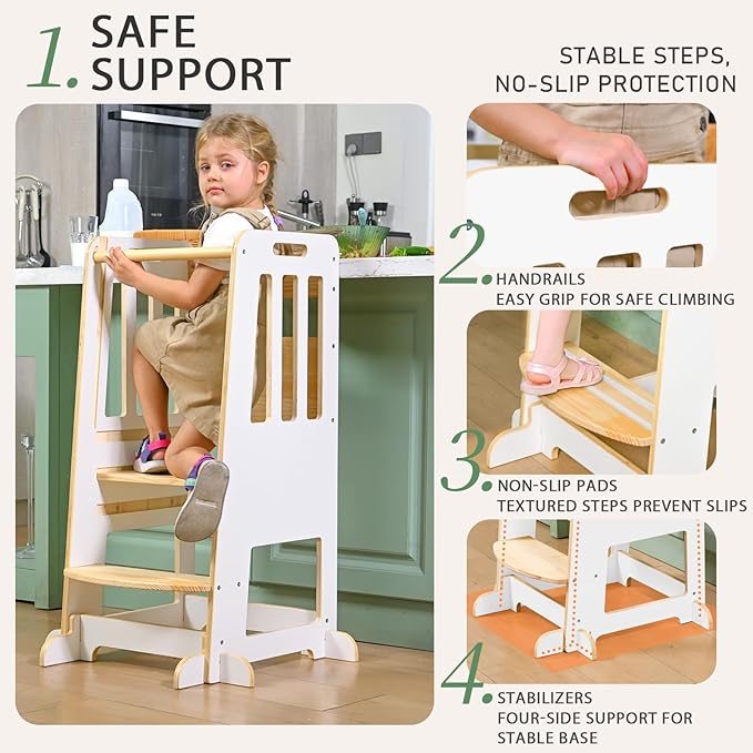 WINGYZ Toddler Kitchen Stool – Adjustable Helper Tower for Kids with Safety Rail, Wooden Standing Step-Up Stool, Sliding Door & Stable Base, White
