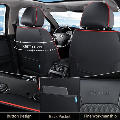 FLORICH Seat Covers, Car Seat Covers Full Set, Luxury Nappa Leather Seat Covers, Breathable and Waterproof Car Seat Protector 5 Seat, Automotive Seat Covers Universal Fit for Most Cars-BlackRedline