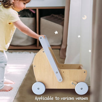 Wooden Baby Doll Pram Stroller, Baby Walker Push and Pull Doll Stroller, Wooden Toy Stroller for Toddler Boys Girls 18 Months and Up