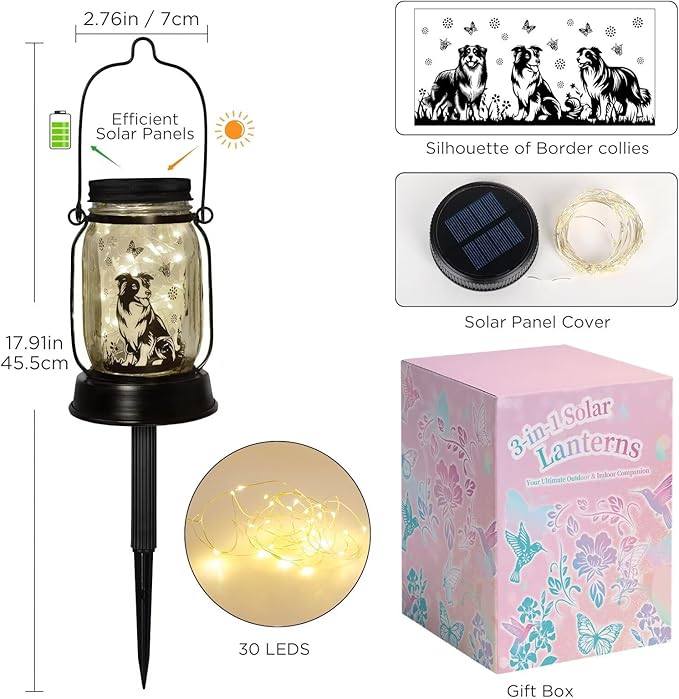 Border Collie Gifts for Women/Men Border Collie Solar Lanterns Dog Mom Birthday, Dog Lovers Lantern, Pet loss Pet Memorial Lights, Solar Garden Decoration Outside for Yard, Patio,Backyard,Porch