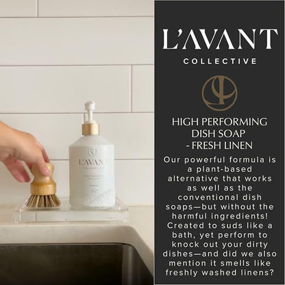 L'AVANT Collective Natural Dish Soap, Plant-Based, Fresh Linen, 16 Fl Oz | Plant-based formula, grease-cutting power, refillable glass pump bottle, kid and pet safe, cruelty-free, Fresh Linen scent