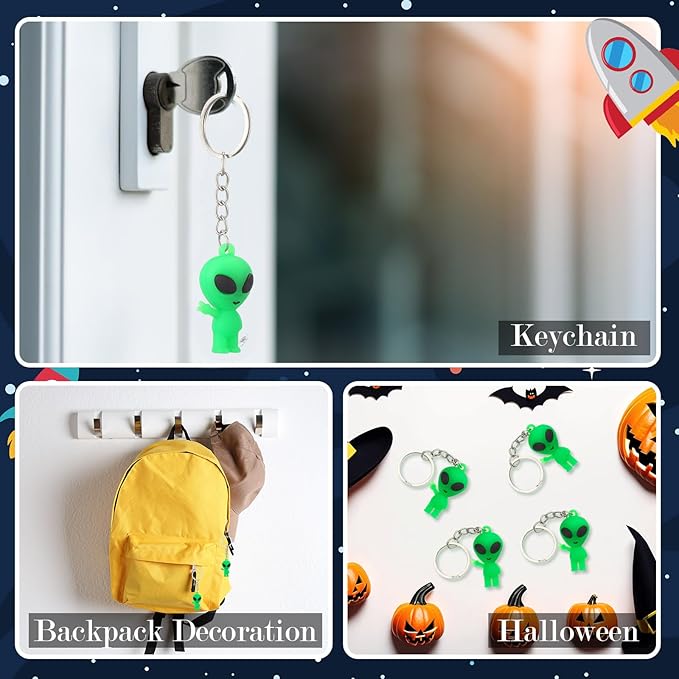 24 Pcs Alien Party Favors Alien Keychains Glow in The Dark Space Keychain Mini Aliens Figures Little Bulk Gift Prizes Goodie Bag Piñata Halloween Stuffers for Music Festival Easter (Green)