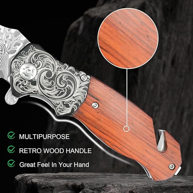 Pocket Knife with Glass Breaker, EDC Damascus Folding Knife with Seatbelt Cutter, 3.35" VG10 Damascus Steel Blade Multitool Pocket Knives with Wood Handle