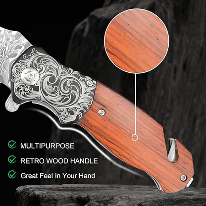 Pocket Knife with Glass Breaker, EDC Damascus Folding Knife with Seatbelt Cutter, 3.35" VG10 Damascus Steel Blade Multitool Pocket Knives with Wood Handle
