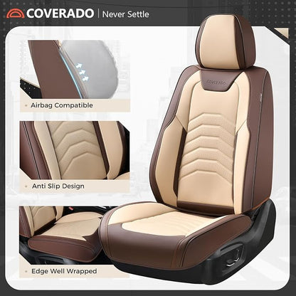 Coverado Seat Covers, Car Seat Covers Front Seats, Faux Leather Automotive Seat Covers Luxury Waterproof Car Seat Cover Protectors Carseat Cover Universal Fit for Most Cars Trucks SUV, Coffee&Beige