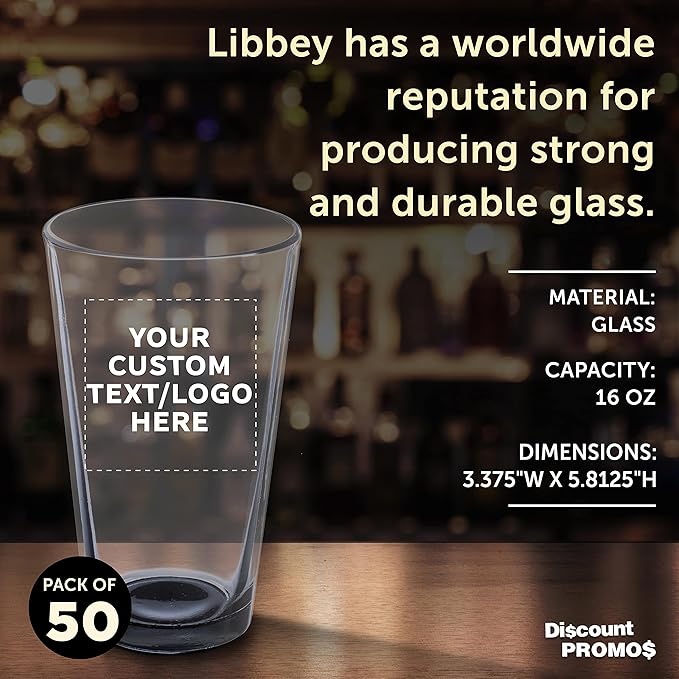 Custom Libbey Pint Glass 16 oz. Set of 50, Personalized Bulk Pack - Beer Glasses, Heavy Duty Drinkware - Black