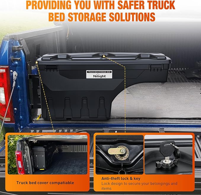 Nilight Truck Bed Tool Box Left Drivers Side Truck Tool Box Fit for Ford F-250/350 Super Duty 2017-2021 ABS Swing Case Truck Bed Storage Box with Lockable Lid Waterproof Wheel Well Toolbox Black