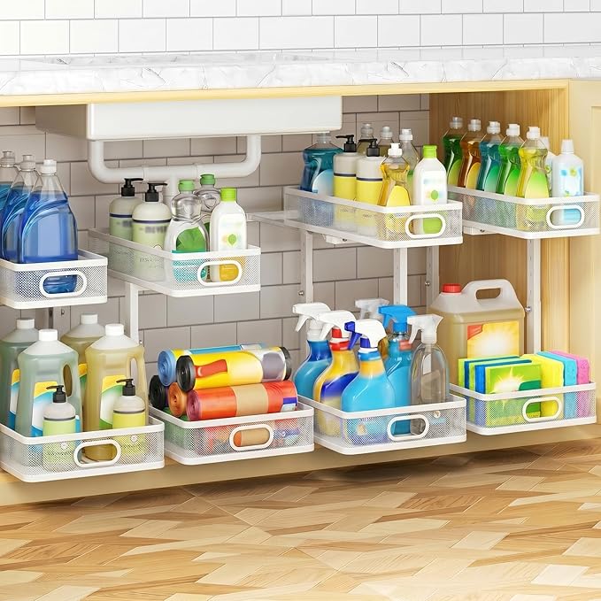 Under Sink Organizer 4-Pack, Metal 2-Tier Pull-Out Cabinet Shelf