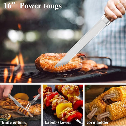 ROMANTICIST 25pcs Extra Thick BBQ Grill Accessories, Fathers Day Grilling Gifts Set for Men Dad, Heavy Duty Grill Tools Utensils Kit with Spatula, Tongs in Aluminum Case for Birthday Brown