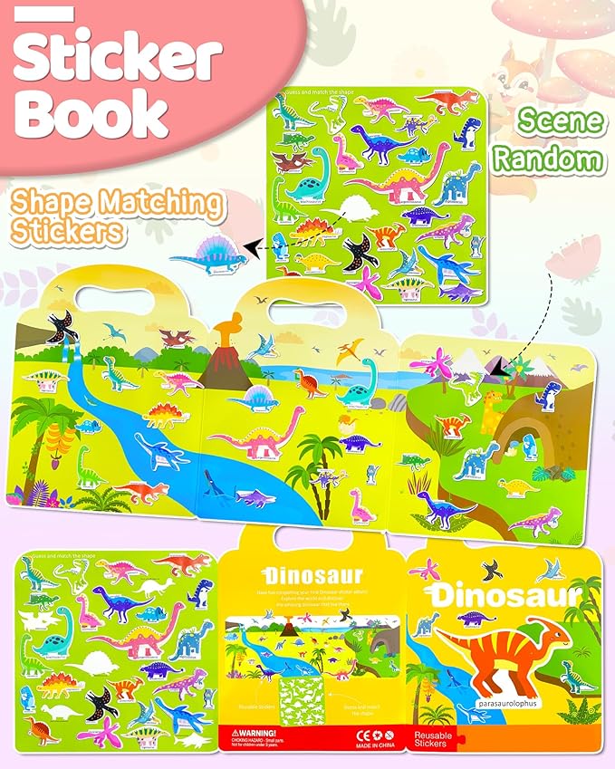 Benresive Reusable Sticker Books for Kids 2-4, Sticker Books for Toddlers 1-3 2-4, Toddler Travel Toys Activities Crafts Gifts - Dinosaur