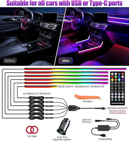 KENANEK 175’’ Acrylic Car Ambient Lighting Kit – 6 RGB LED Light Strips