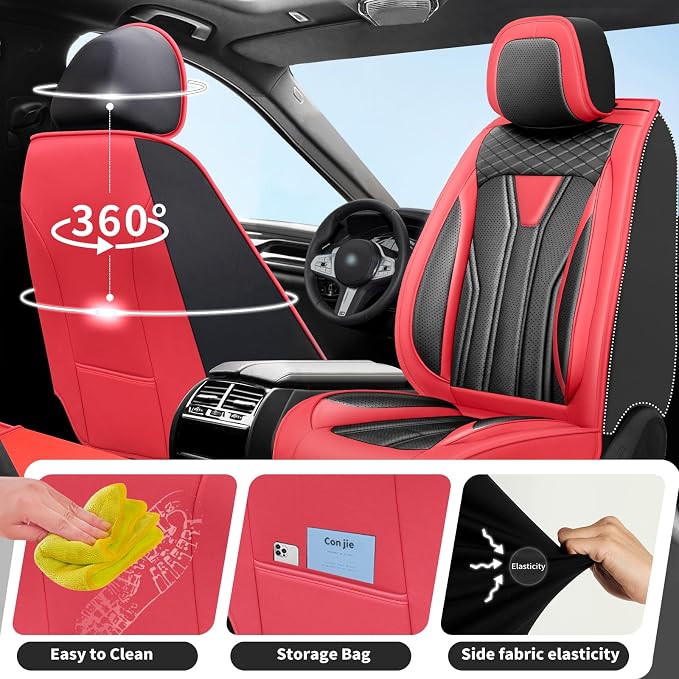 Fit Wagoneer Car Seat Covers for Jeep Wagoneer 2022-2025 2026 -Full Set Premium Leather, Waterproof & Breathable，All-Weather Seat Cushion Protecto & Airbag Compatible, 2 Front Seat Red&Black
