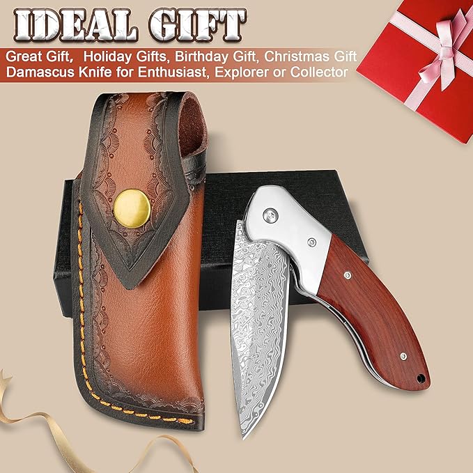 KOMWERO Damascus Pocket Knife, Sharp Damascus Steel Knife with Core VG10 Steel Blade Wood Handle, Folding Knife with Clip for Men Hunting, 60 HRC