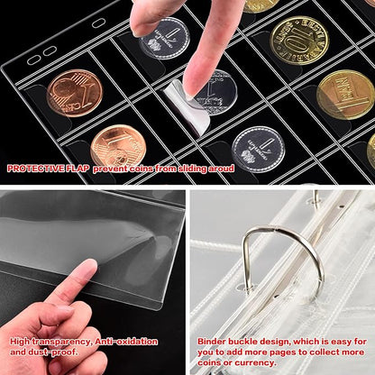 Coin Collection Book Holder for Collectors, 200 Pockets Coins Collecting Album & 30 Sleeves Paper Money Display Storage Case for Currency Collection Supplies (200+30 paper money binder)-Blue
