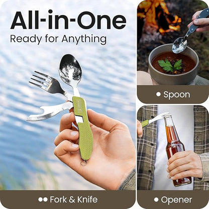 Orblue 4-in-1 Camping Eating Utensils, 2-Pack - Portable Spoon, Fork, Knife & Bottle Opener Combo Set - Stainless Steel Flatware with Detachable Fork - Travel, Backpacking Cutlery Multitool, Green