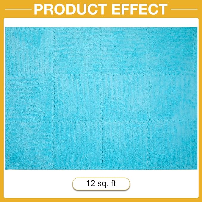 12 Pcs Plush Interlocking Carpet Tiles, Non-Toxic Foam Carpet Tiles for Toddler Baby, Machine-Washable, Anti-Slip, EVA Foam Interlocking Tiles for Floor, Nursery, Playroom, Blue
