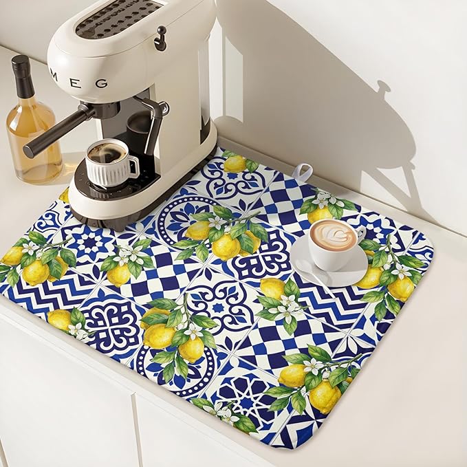 Lemon and Blue Tile Dish Drying Mat 16x18 Inch Absorbent Reversible Mexican