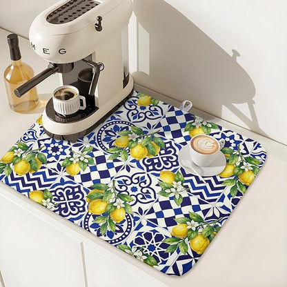 Lemon and Blue Tile Dish Drying Mat 16x18 Inch Absorbent Reversible Mexican