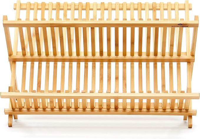 RoyalHouse Premium Natural Bamboo Dish Rack, Collapsible Dish Drainer, Foldable