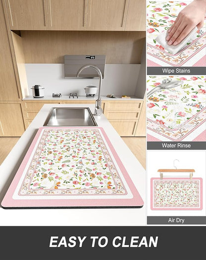 Rnivvi Dish Drying Mat for Kitchen Counter, XL 15 x 24" Cute Flower Theme