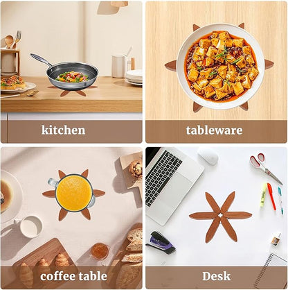 Tree Shape Wooden Trivets for Hot Dishes, 4 Wooden Trivets + 1 Stand stored Like a Christmas Tree，for Easy Storage，Multifunctional Ornaments (Walnut Brown)
