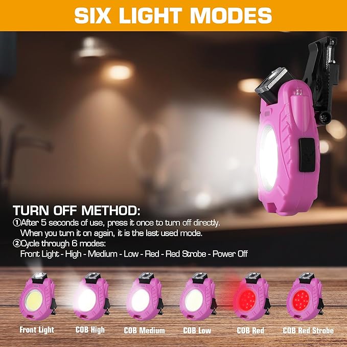 EverBrite 2 Pack COB Keychain Work Light, Mini Rechargeable Magnetic Keychain Light, Sensor Mode, Multifunctional Small Keychain Flashlights, Portable, Waterproof, for Camping, Hiking, 6 Modes, Pink