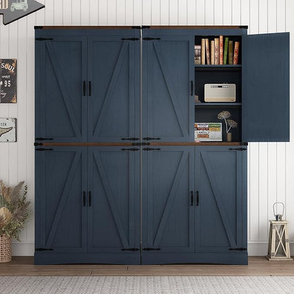 71in Farmhouse Kitchen Pantry Cabinet,Tall Storage Cabinet with 4 Doors and Adjustable shelves,with Load-Bearing Steel Pipe,Wood Storage Cabinets for Kitchen,Dining Room,Bathroom(Rustic Blue)