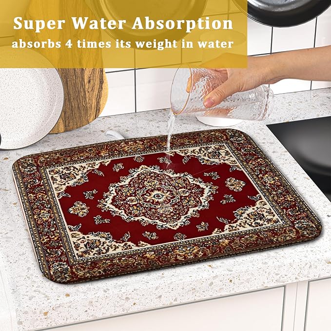 Giwawa Vintage Boho Dish Drying Mat Antique Tribal Rustic Red Floral Dish