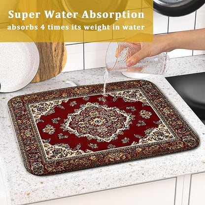 Giwawa Vintage Boho Dish Drying Mat Antique Tribal Rustic Red Floral Dish