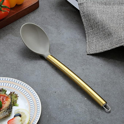 Berglander Non-stick Silicone Solid Serving Spoon, Titanium Gold Plating handle