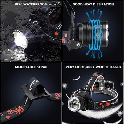 LED Rechargeable Headlamp, 3000 Lumens Super Bright Head Lamp with 5 Modes, 90°Adjustable, USB Rechargeable, Waterproof LED Headlamps for Adults Camping, Hiking, Climbing (2 Pack)