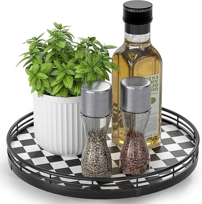Black and White Kitchen Lazy Susan Turntable – Checkered Round Decorative Tray