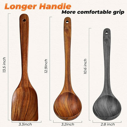 2Pcs Wooden Ladle and Spatula, Natural Acacia Long Handle, Large Capacity