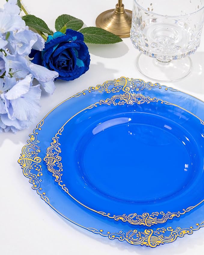 Nervure 350PCS Blue Plastic Plates - Blue Plastic Dinnerware Sets for 50 Guests - 100 Disposable Plates, 150 Gold Silverware, 50 Cups, 50 Napkins for Wedding & Party & Thanksgiving Day