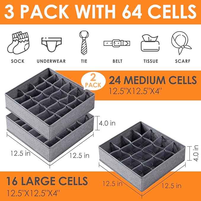 Criusia 3 Pack Sock Underwear Drawer Organizer Dividers, 64 Cell Fabric
