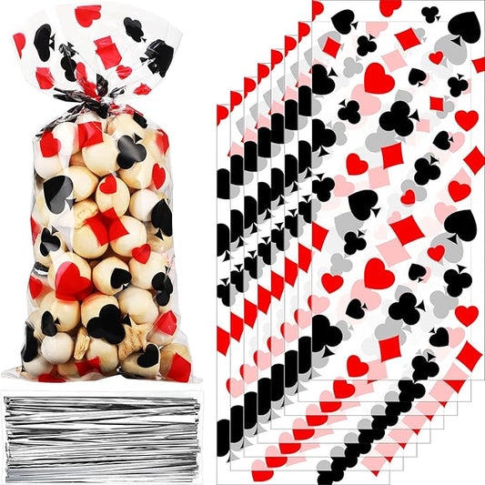 100 Pieces Casino Party Cellophane Treat Bags, Black Red Las Vegas Poker Plastic Candy Goodie Bags with 100 Silver Twist Ties for Casino Themed Poker Birthday Party Supplies