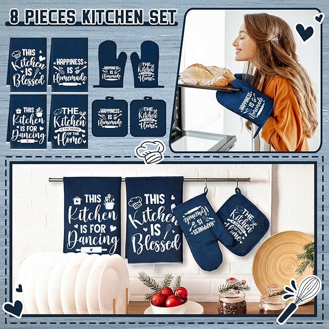 Leinuosen 8 Pcs Kitchen Towels and Oven Mitts Sets Pot Holders Dishcloths Set