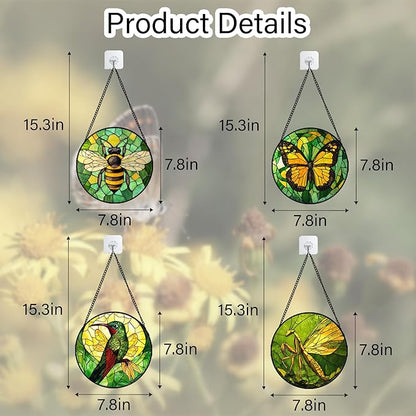 DASTOLL Stained Glass Window Hanging 4 Pcs Set Green Plants Yellow Insect Theme