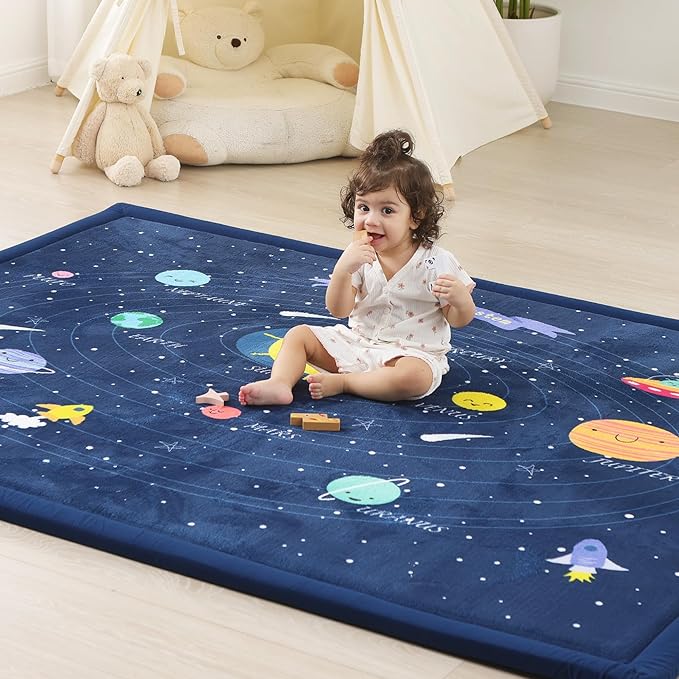 1.3" Thick Educational Baby Floor Play Mat 59x79, Basic Padded Memory Foam Kids Mat, Non-Slip Plush Playmat for Nursery Playroom Classroom (Planet)